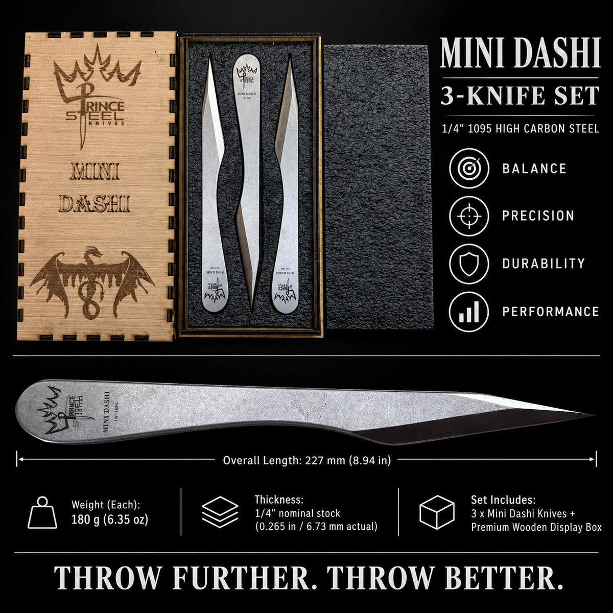 Prince Steel Knives Mini Dashi three-knife set with wooden presentation box, individual knife views, and specifications.